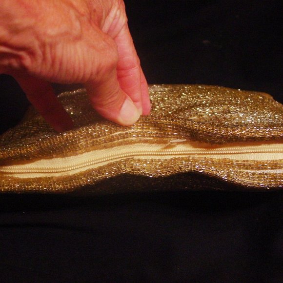 Vintage GENIE Gold Bugle Bead Asian Evening Bag Clutch 8" - Picture 6 of 10